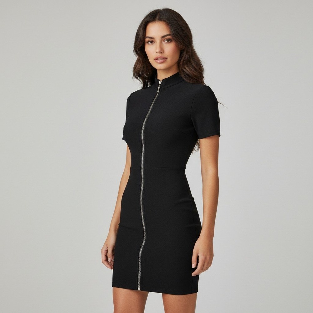 Bella Barnett Womens Black Bandage Bodycon Dress Short Sleeve Front Zip Medium